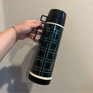 Vintage 80s Blue Green Plaid Tall Thermos 16oz Glass Interior